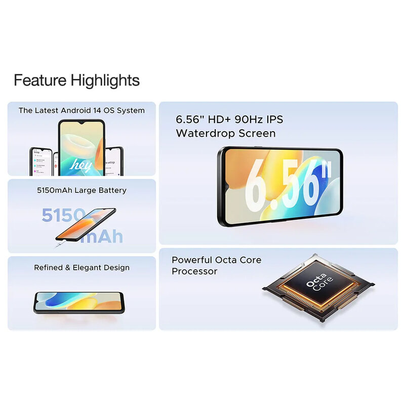 DOOGEE-N55 Pro Smartphone, Versão Global, Android 14, 6,56 ", Octa Core, 6GB + 256GB, 5150mAh, desbloqueio facial, Widevine L1, Celular 4G