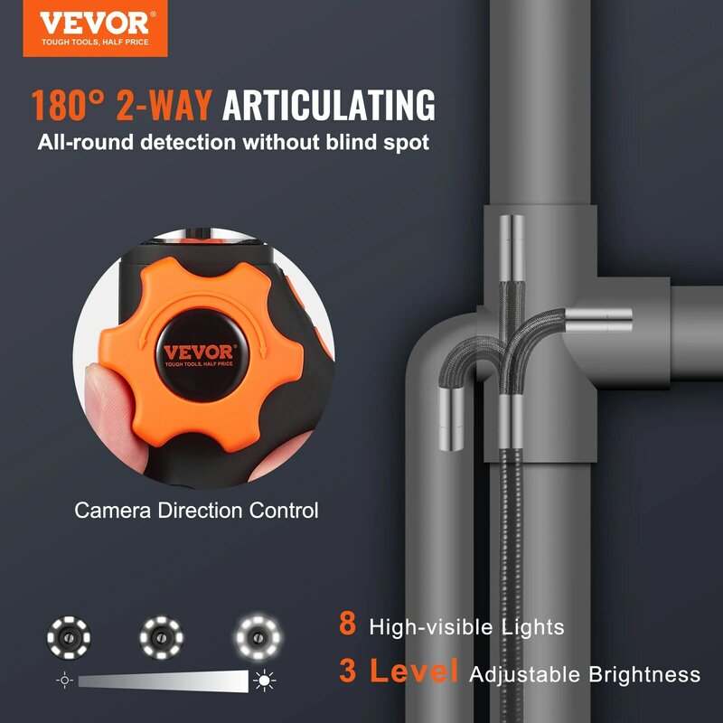 VEVOR-Caméra Endoscopique Articulée Bidirectionnelle avec Lumière, Inspection avec Petite Lentille de 6.4mm, Écran IPS 1080P de 5 Pouces