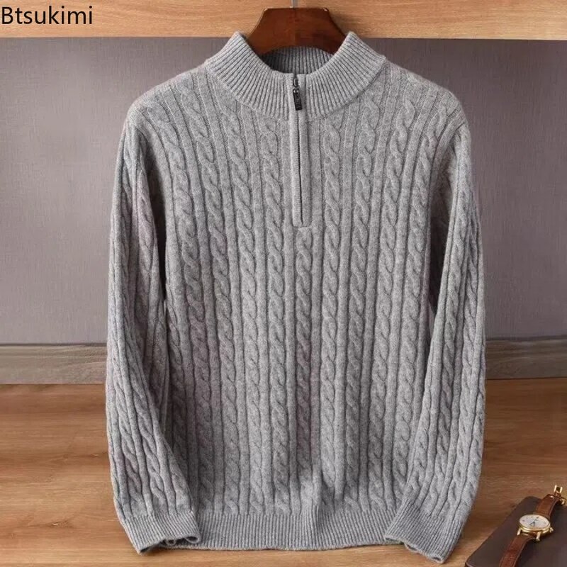 2024 Men's Warm Knitted Sweaters Autumn Winter Standing Neck Zipper Warm Tops Solid Jacquard Long Sleeve Knitted Pullovers  Men