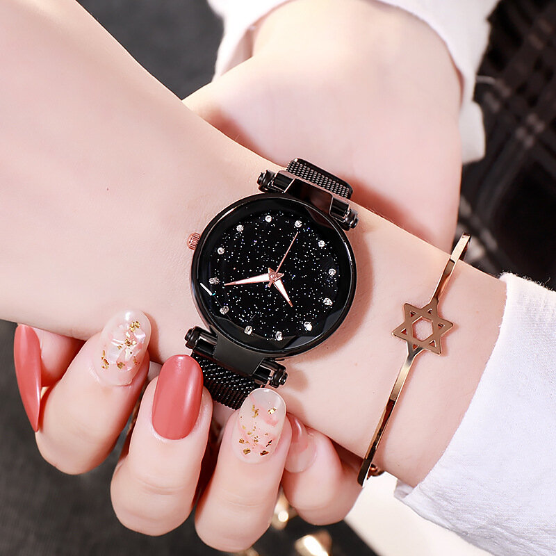 Reloj de cielo estrellado para Mujer, pulsera elegante con hebilla magnética, Vibrato de oro púrpura, de lujo, novedad