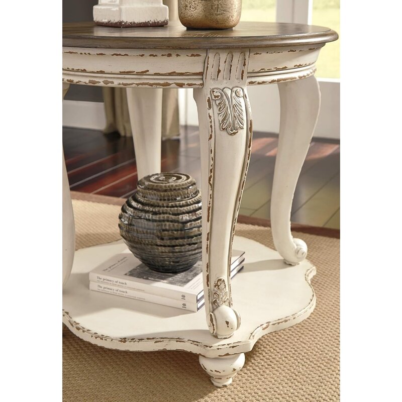French Country Two Tone Round End Table, Chipped White