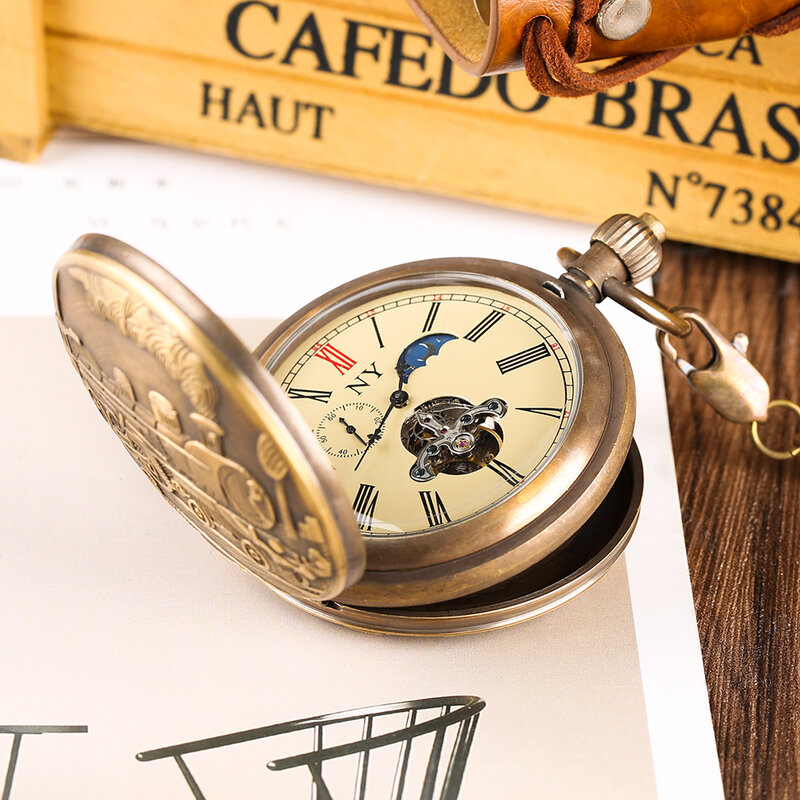 Luxury Pure Copper Tourbillon Hand Winding Mechanical Pocket Watches Antique Style Gift Men Brass Pocket Chain Pendant Timepiece