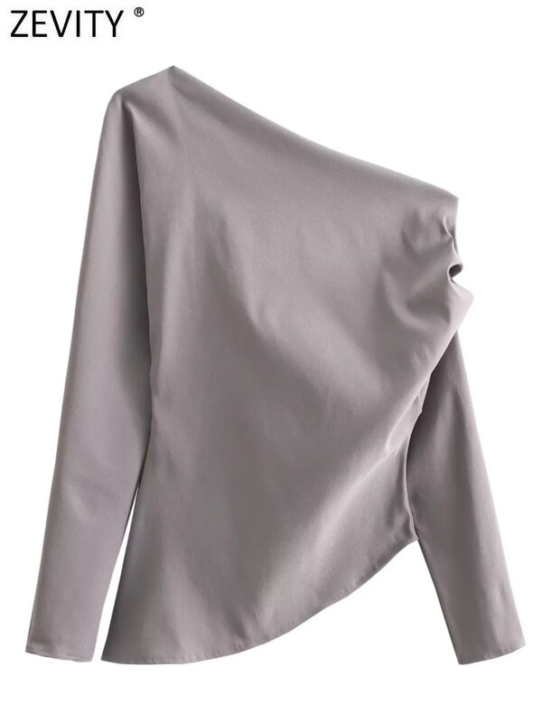 Zevity 여성용 싱글 숄더 긴팔 플리츠 작업복 블라우스, 비대칭 슬림 셔츠, 세련된 상의, LS5707, 새로운 패션