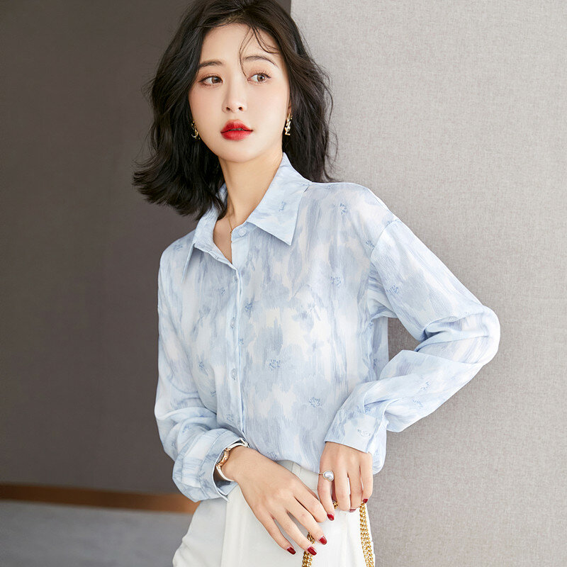 Camisa estampada de manga larga para mujer, blusa azul con cuello tipo Polo, botones, ropa básica OL, Primavera, 2022