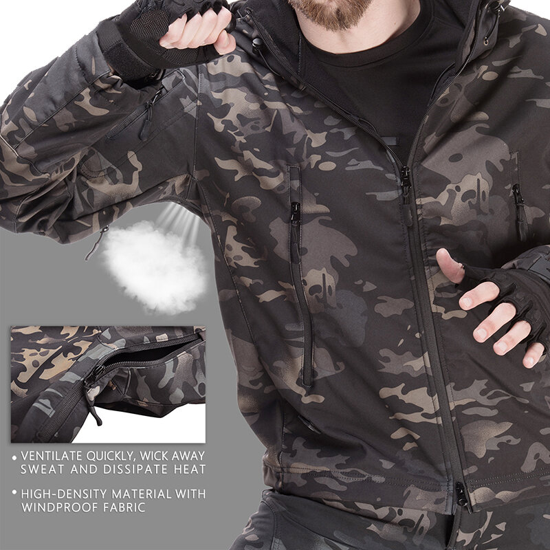 Chaqueta impermeable cálida cortavientos para hombre, abrigo de caza de concha suave, chaquetas tácticas militares, chaqueta de camuflaje de gran tamaño