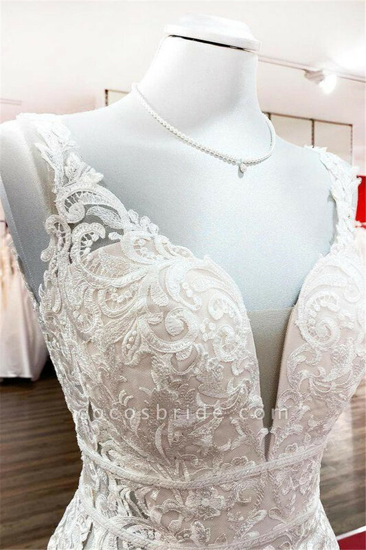 Romantic Spaghetti Strap V-Neck Wedding Dress Luxury Illusion Tulle Mermaid Wedding Dresses Lace Robe de Mariee
