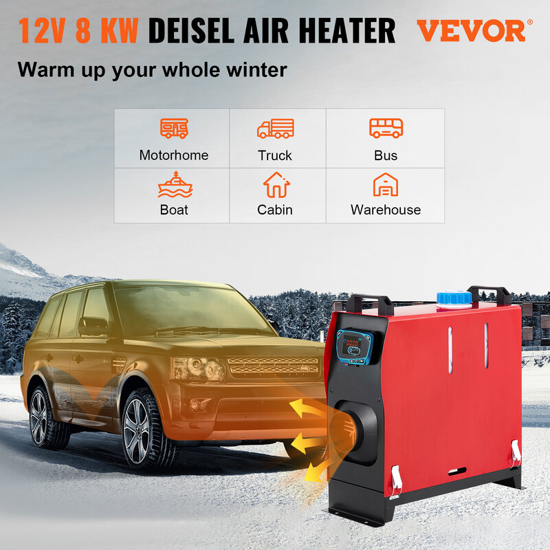 VEVOR 8KW 12V ฮีตเตอร์ติดรถยนต์ดีเซลเครื่องทำความร้อน All In One พร้อม Silencer สำหรับรถพ่วงรถ RV ต่างๆดีเซลรถที่จอดรถ
