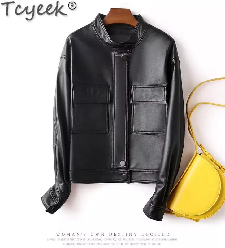 Tcyeek-abrigo de piel de oveja con capa superior para mujer, chaqueta de motocicleta de cuero Real a la moda, color negro y albaricoque, primavera y otoño