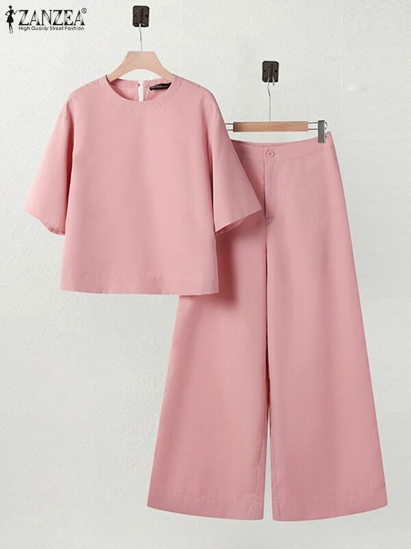 ZANZEA-Blusa de meia manga e calças largas para mulheres, agasalho elegante, roupas casuais de trabalho, calças, moda verão, 2 peças
