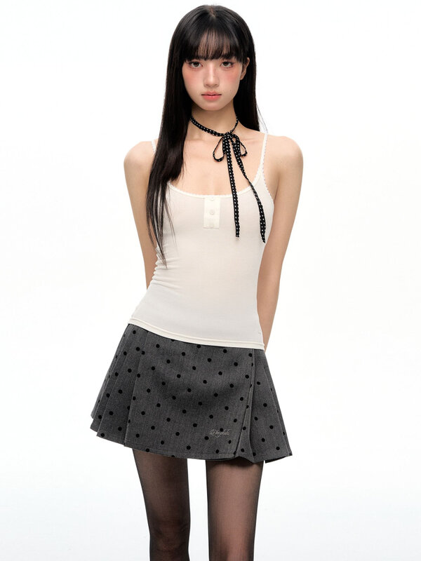 ADAgirl rok Mini berlipat wanita, Dress cetakan Dot abu-abu bordir huruf A-line pinggang tinggi gaya Preppy Ins Korea