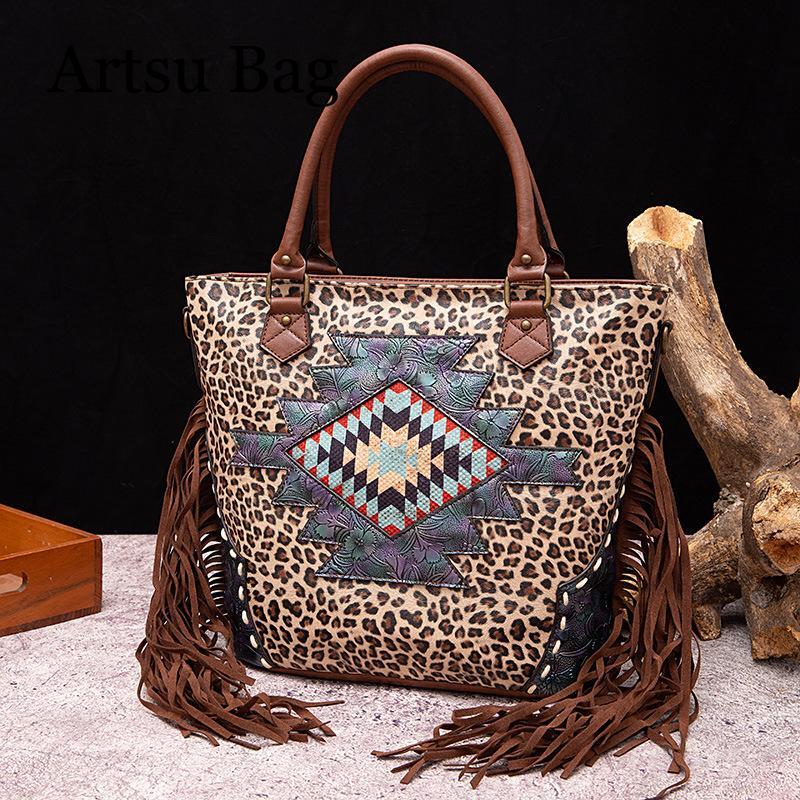 Retro Handmade Woven Tassel Leopard Shoulder Crossbody Bag for Women's Large Capacity Tote Handbags