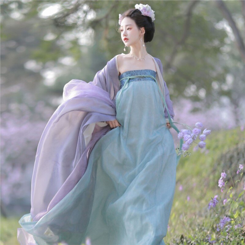 Женская Слитная легкая двухслойная рубашка Hanfu с длинным рукавом и разбитой юбкой