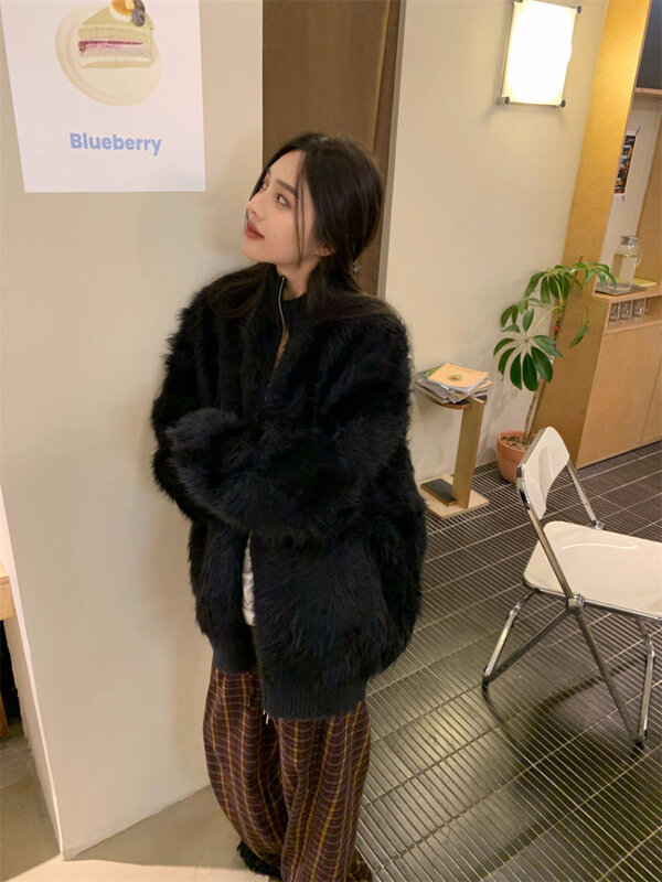 Korean Style Plush Cardigans Women Casual Fashion Streetwear Autumn Winter Solid Simple Luxury Elegant Stand Collar Black Jacket