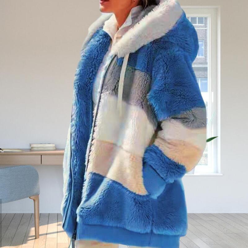 Parkas de forro polar para mujer, abrigo cálido de manga larga con cremallera de bloque de Color, chaqueta con capucha para Otoño e Invierno