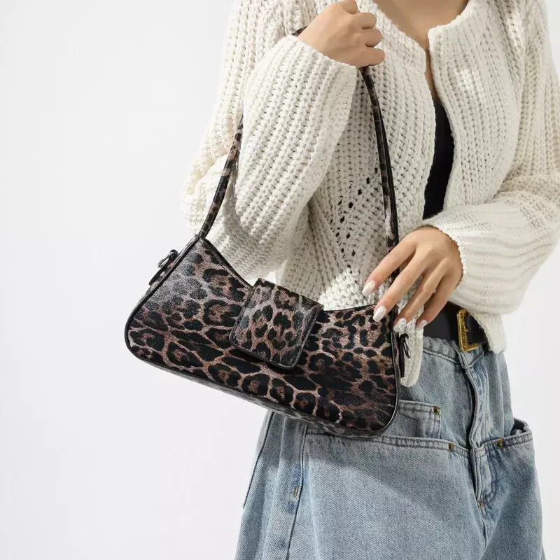 Baguette Bag PU Leather Underarm Bag for Women Leopard Print Handbags Flapbag Female Vintage Crossbody Bags Single Shoulder Bag