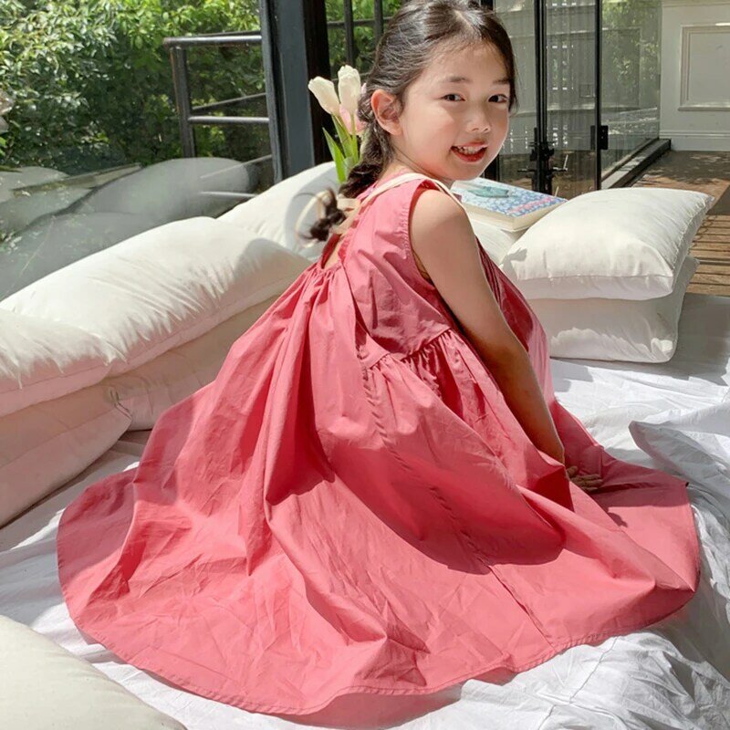 Gaun pesta anak perempuan, gaun pesta putri manis musim panas gaya Korea desain lipit ramah kulit gaun panjang selutut