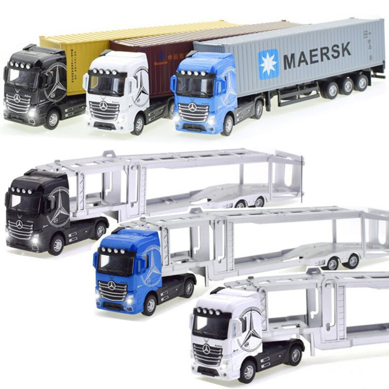 1/50 Grote Kinderen Container Truck Speelgoed Diecast Legering Materiaal Model Auto Met Pull Back Geluid Licht Transportvoertuig Jongen speelgoed