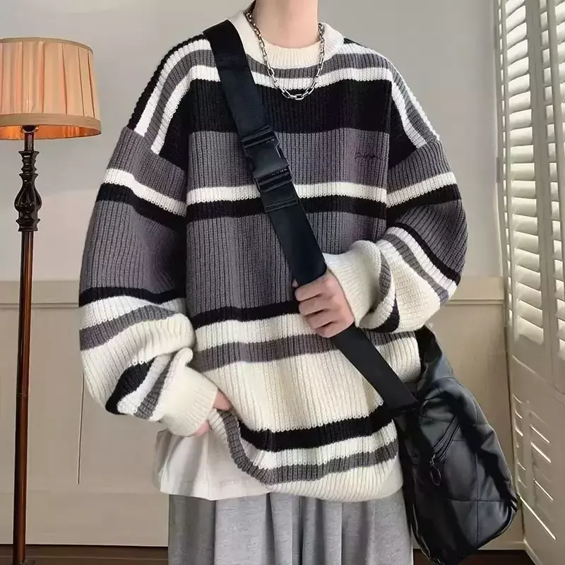 Мужской трикотажный свитер в полоску, с круглым вырезом