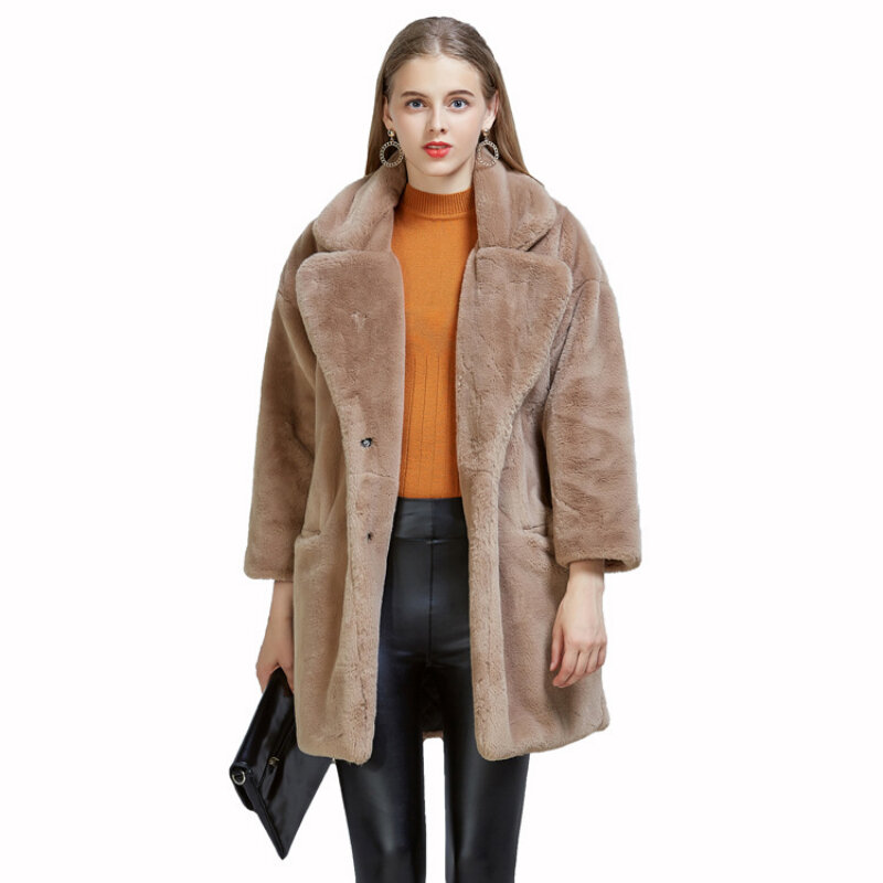 Женское пальто из искусственного меха, однотонный кардиган с отложным воротником и длинными рукавами, куртки свободного кроя, плотное пальто с карманами для дам, зима 2024