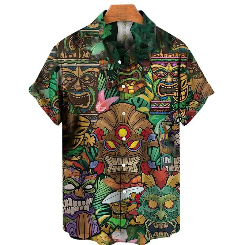Camisas havaianas impressas em 3D masculinas, camisas Tiki Moai, blusas gráficas de caveira de horror, tops vintage casuais, roupas Y2K