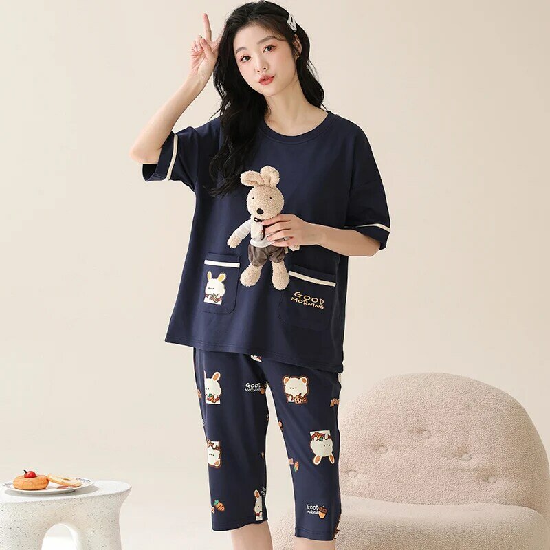 Conjuntos de Pijamas de verano para Mujer, ropa de dormir con cuello redondo, pijama de conejo encantador, de manga corta, de algodón, Sexy, M-5XL