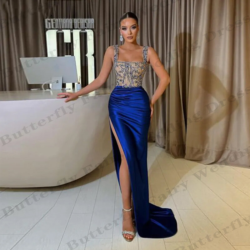 2024 królewsko-niebieska damskie suknie wieczorowe satynowa plisowana księżniczka suknie na bal maturalny syrenka seksowna strona rozcięty formalny impreza na plaży przedsionek
