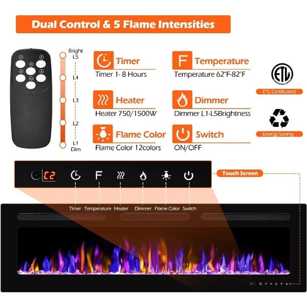 50" Electric Fireplace Wall Mounted and Recessed with Remote Control, 750/1500W Ultra-Thin Wall Fireplace Heater