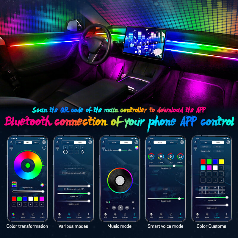 Luces de Ambiente de coche 18 en 1, Serpentina a todo Color, RGB, 64 colores, LED Universal, Interior, tira acrílica oculta, lámpara de atmósfera sinfónica