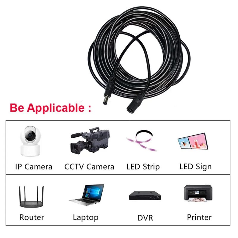 Adaptador de corriente de CC de 12V, Cable de extensión de alimentación de 5,5x2,1mm, Cable de 5M para enrutador de cámara CCTV, NVR