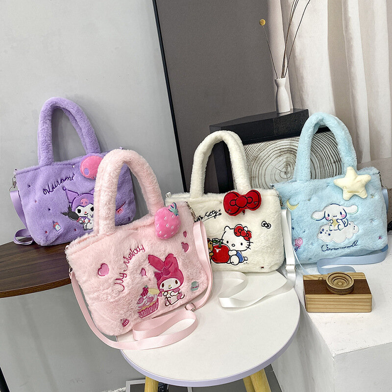 Sanrio Plush One Shoulder Portable Crossbody Satchel Pure Cotton Simple Storage Makeup Shopping Bag Hello Kitty Melody Kuromi