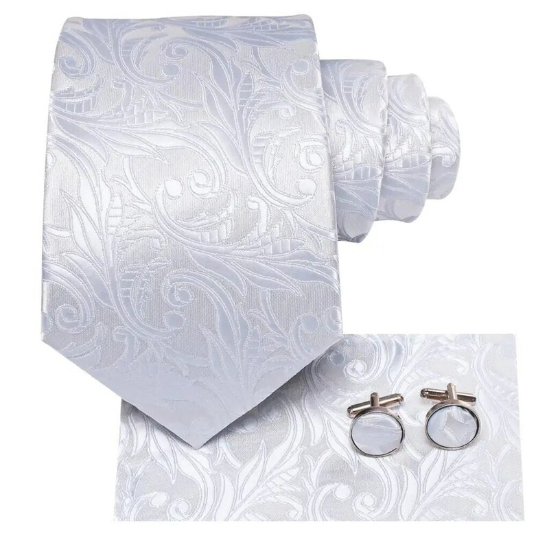 2024 New Men's Ties White Floral Hanky Cufflinks Set Silk Neck ties For Men Wedding Party Business Mens Tie Fashion Brand Hi-Tie