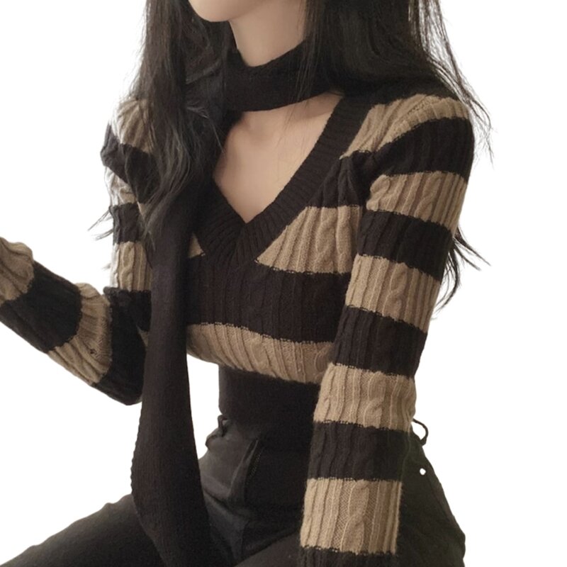 Cable Knit Striped Long Sleeve V-Neck Sweater Crop Top with Scarf for Women N7YD