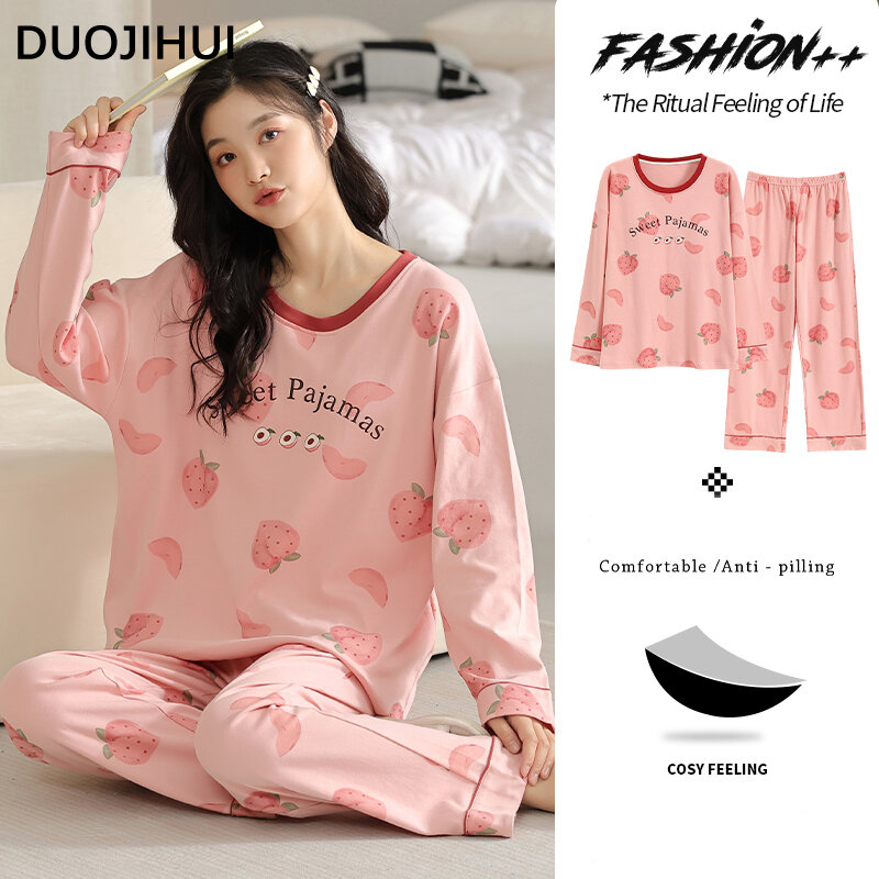 DUOJIHUI Sweet Two Piece Simple Female Pajamas Set O-neck with Chest Pad Tops Loose Fashion Pants Casual Home Pajamas for Women
