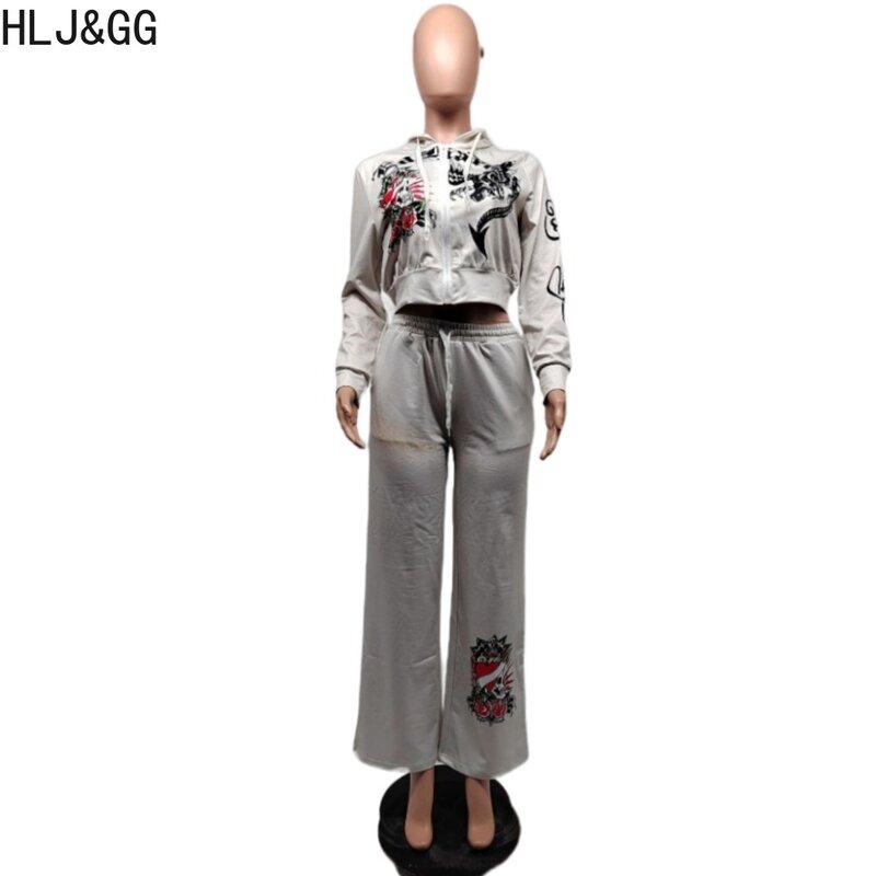 Hlj & Gg Fashion Streetwear Damespatroon Print Rits Met Lange Mouwen Crop Top En Joggingbroek Tweedelige Casual 2-delige Outfits