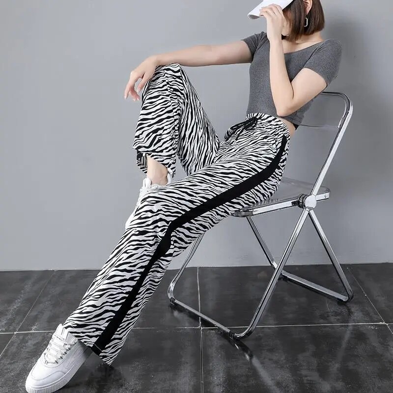 Female Clothing Spring Summer Vintage Black And White Pattern Pants Women's Fashion Zebra Print Straight Wide Leg Pants Trousers