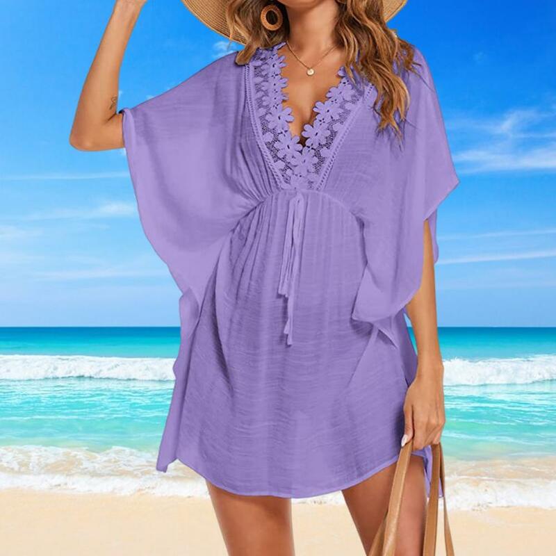 Guarnição de renda feminina para cobrir praia, vestido elegante, maiô com decote em v, maiô de chiffon, verão