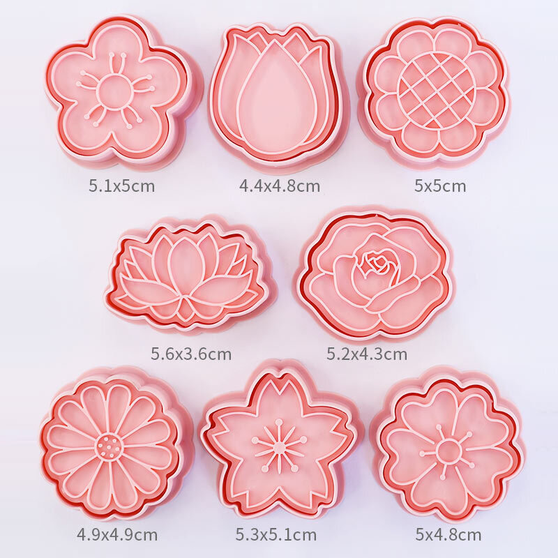 Cortadores de biscoito em forma de flor, plástico 3d molde cookie, diy fondant bolo molde, cozinha assar pastelaria bakeware, 8 pcs/set