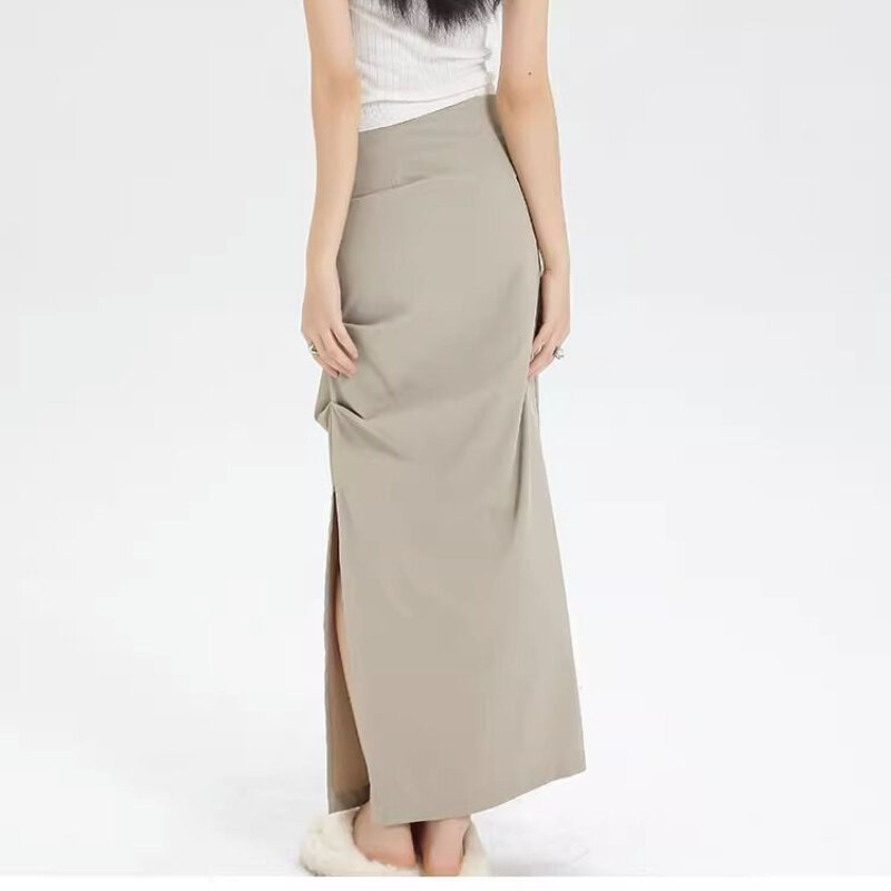 Deeptown-Jupe plissée fendue élégante pour femme, jupes longues monochromes sexy, style coréen Y2K, streetwear ajusté, jupe décontractée, doux et vintage