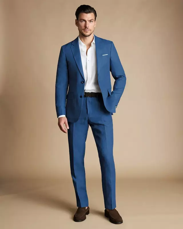 Trajes elegantes de lino para hombre, Blazers ajustados e informales, traje de negocios personalizado de alta calidad, 2 piezas, azul, verano, 2024