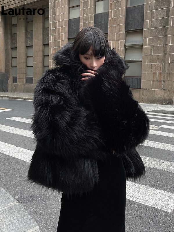 Lautaro 여성용 턴다운 칼라 푹신한 재킷, 부드럽고 두껍고 따뜻한 블랙 하리 인조 모피 코트, 멋진 오버사이즈 캐주얼, 겨울 2023