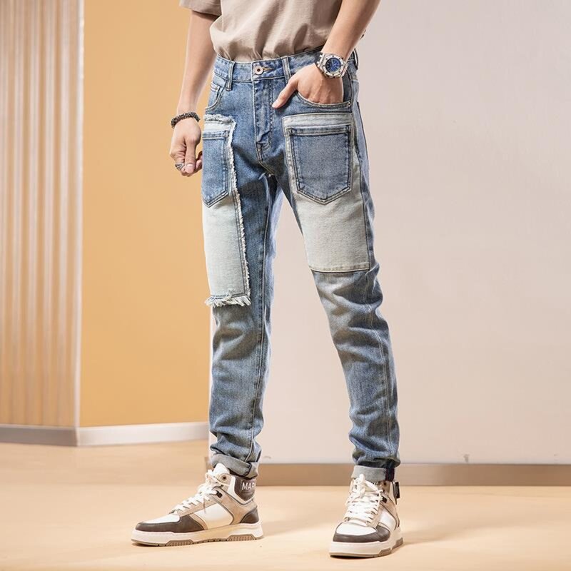Men Trousers 2024 Autumn Winter Jeans for Men's  New Slim Fit Small Feet Hand Spliced Trendy Casual Men's Jeans Men Clothing