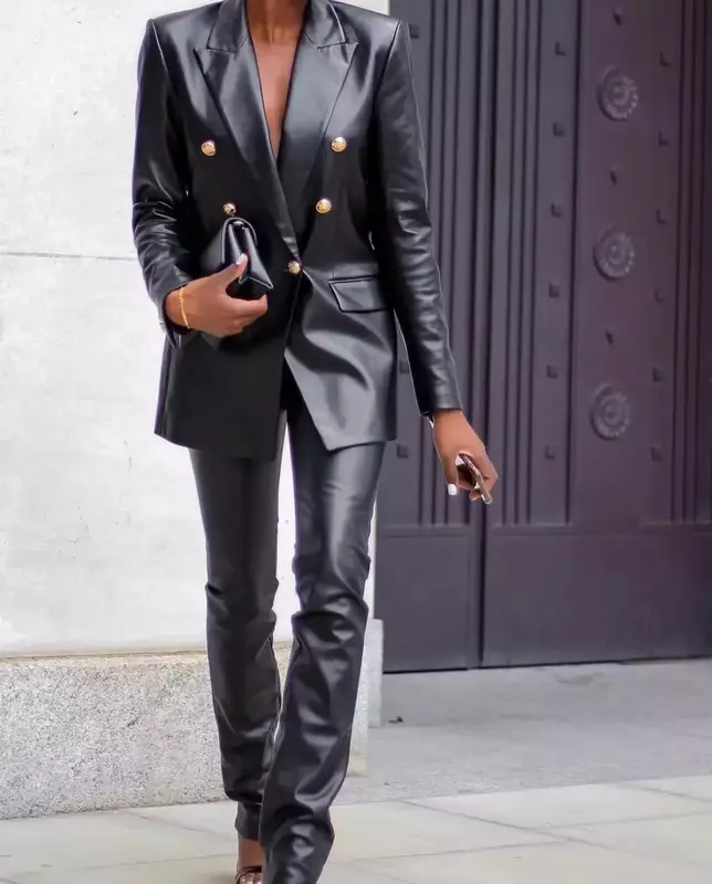 Chaqueta de piel sintética con doble botonadura para mujer, abrigo Vintage ajustado de manga larga con bolsillos, prendas de vestir exteriores elegantes, 2023