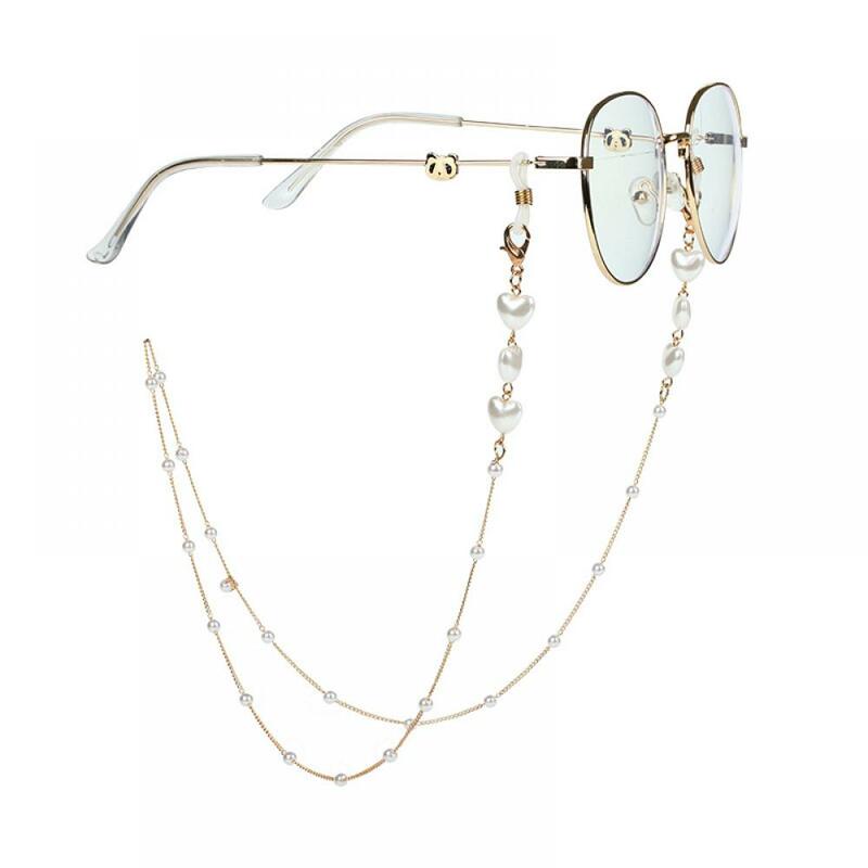 Cadena de Metal para gafas para mujer, soporte para gafas de sol con perlas en forma de corazón, correa de cordón para gafas anticaída, cordón hecho a mano