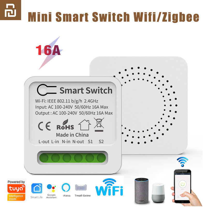 Youpin Smart Switch Minin Wifi/Zigbee Wireless DIY Light Switches 10/16A Smart Home Control w/Tuya Smart Life Alexa Alice Google