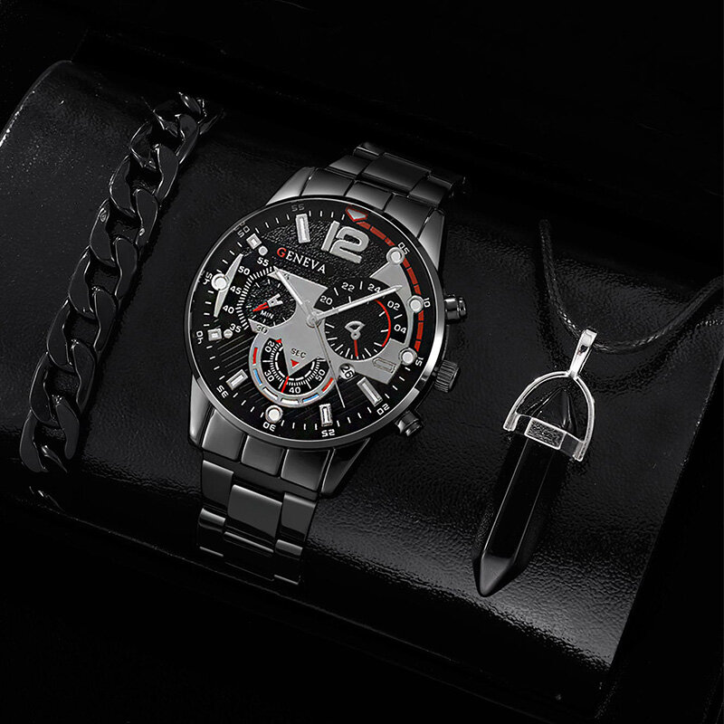 3ชิ้นชุดนาฬิกาแฟชั่นผู้ชายปฏิทินธุรกิจสร้อยข้อมือสีดำลำลองสร้อยคอสแตนเลสนาฬิกาควอตซ์ relogio masculino