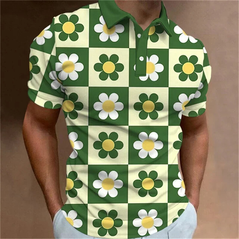 Plain Men's Polo Shirt Fashion 3D Printed Flower Pattern Lapel Short Sleeve Top Summer New Leisure Street Breathable Clothing