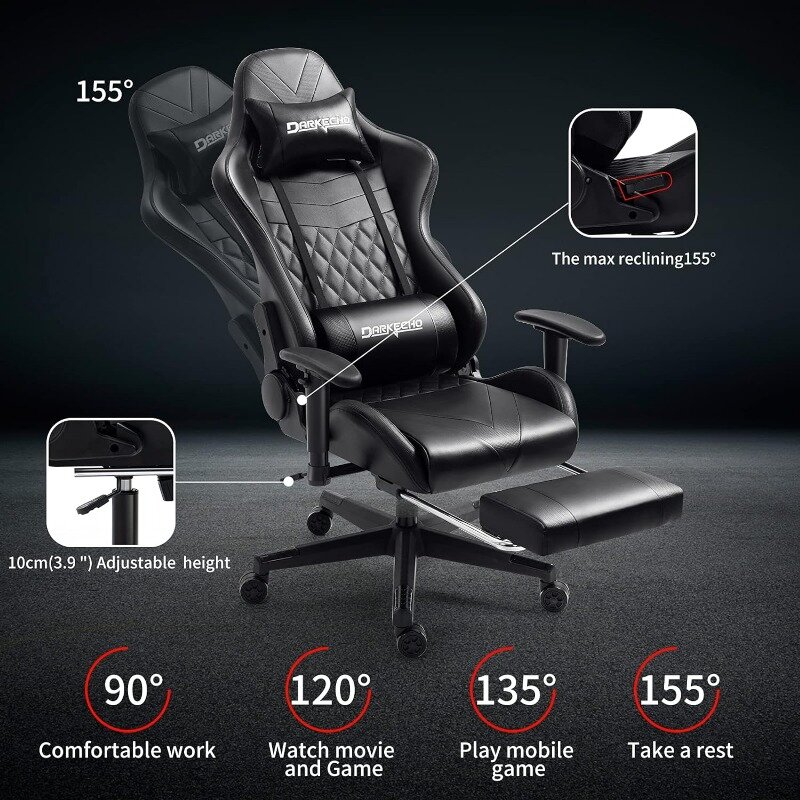 Darkecho-Cadeira de couro ergonômica reclinável com pés, cadeira de escritório ajustável, cadeira de mesa, massagem, corrida, computador