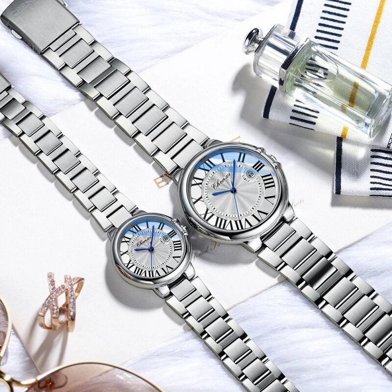 CHENXI jam tangan Quartz pria dan wanita, jam tangan pasangan tali baja modis minimalis merek terkenal Quartz untuk pasangan