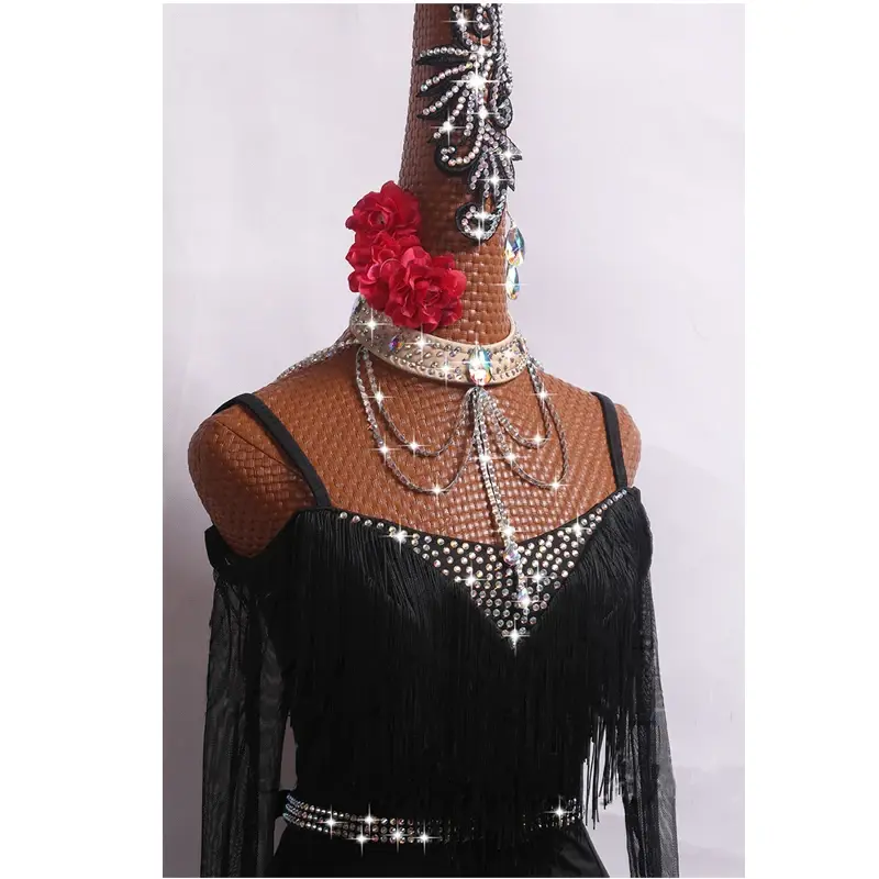 Letnia damska seksowna sukienka do tańca latynoskiego czarna spódnica z długim rękawem sukienki konkursowe dziecka Cha Rumba do tańca