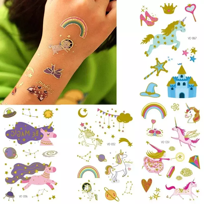 Etiqueta temporária do tatuagem do unicórnio para crianças, adesivo de rosto dos desenhos animados para crianças, maquiagem corporal falsa, impermeável